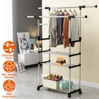 3 Tier Double Rods Clothes Rack Clothing Hanger Stand Storage Garment Organizer