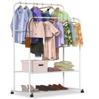 Double Bar Garment Rack Heavy Duty Rolling Clothes Hanging Rack Shoe Organizer
