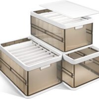 3 Pack Foldable Storage Bin with Lid Stackable Plastic Clothes Closet Organize
