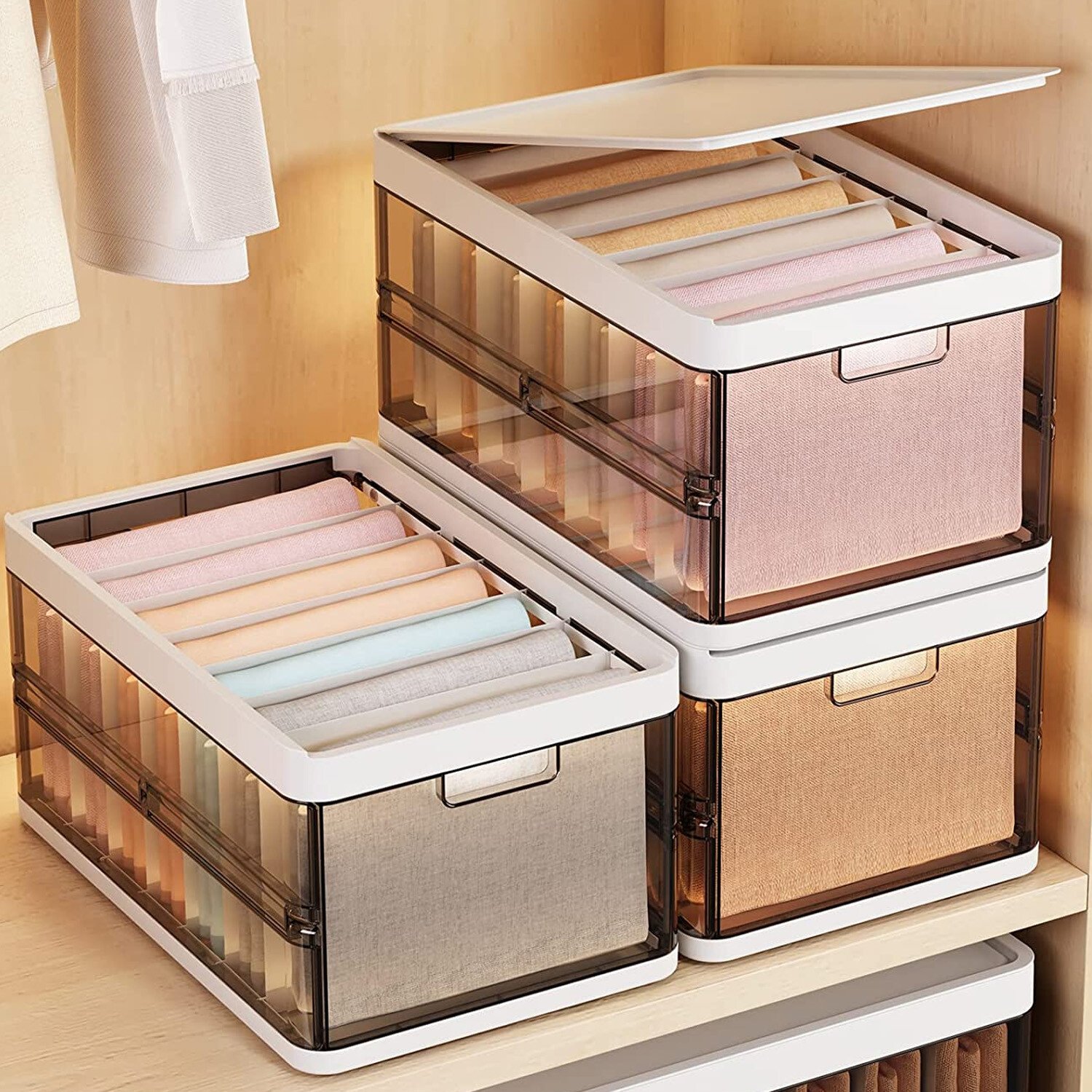 3 Pack Foldable Storage Bin with Lid Stackable Plastic Clothes Closet Organize - Image 3