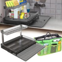 Bathroom 2-Tier Pull Out Under Sink Cabinet Organizer with Travel Insert Handbag