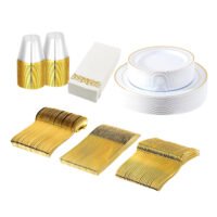 175Pcs Disposable Dinnerware Gold Rim Plastic Plates Cups Fork Spoon Knife Kit